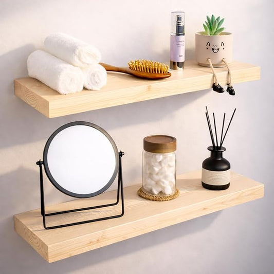 BGMG Wood Floating Shelves 24 inch, Wide Rustic Wooden Wall Shelves for Bathroom Living Room Bedroom Kitchen Farmhouse Set of 2-24x 6.7 x1.25 inch- DIY-Unfinished