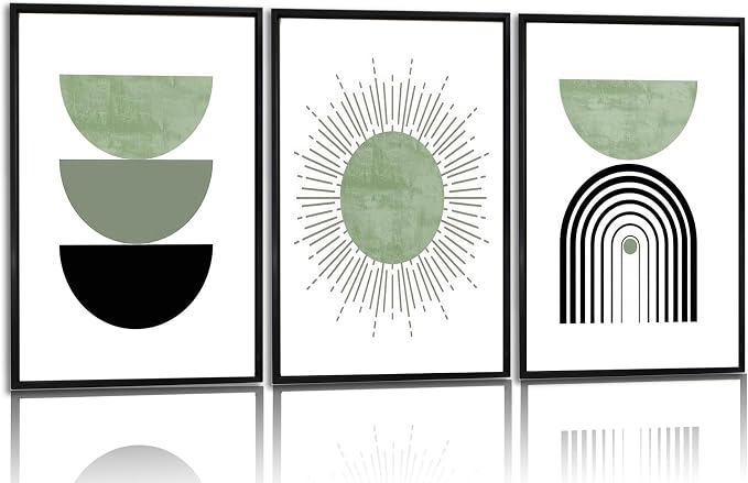 Black Frame Boho Abstract Geometric Wall Art Mid Century Canvas Wall decor Sun and Moon Paintings Prints Green Minimalist Art for Living Room Bedroom Office Decor (16 x 24 in Black Alloy Framed)