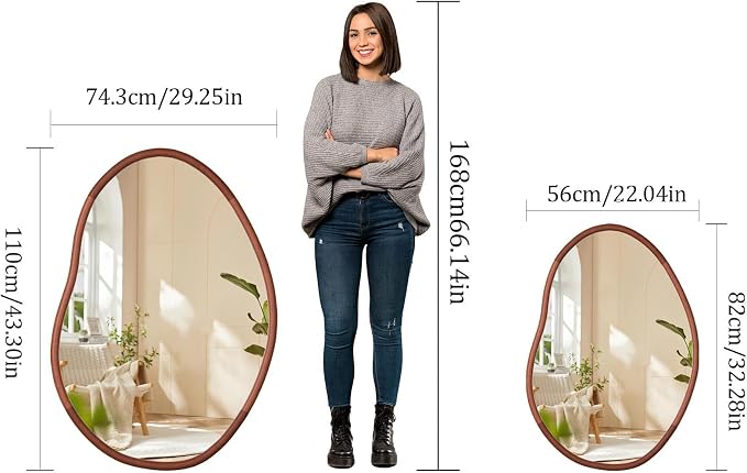 Irregular Wall Mirror Asymmetrical: Abstract Wood Frame 43x30 inch | Unique Vanity Glass Mirrors, Cloud-shape, Horizontal Vertical Hanging, Sleek Entryway Accent