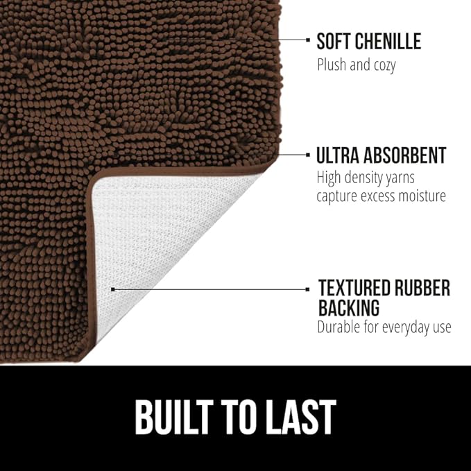 GORILLA GRIP Bath Rug Mat 44x26, Thick Soft Absorbent Chenille, Quick Dry Microfiber Mats, Rubber Backing Washable Shower Floor Rugs, Bathmat Runner, US Designed Bathroom Home Decor Accessories Brown