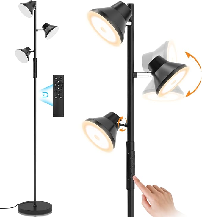 SIBRILLE LED Floor Lamp, 36W Modern Floor Lamp with Remote & Touch Control, 4 Color Temperatures, Standing Lamp with 3 Rotatable Lights, Floor Lamps for Living Room, Bedroom, Office