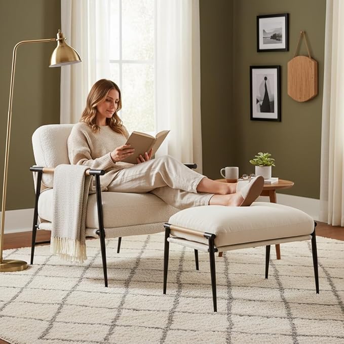 DUOMAY Mid-Century Modern Accent Chair Set of 2, Comfy Sherpa Sofa Lounge Chair Reading Corner Chair for Living Room Bedroom Office, Mid-Back Arm Chair with Black Metal Leg, White