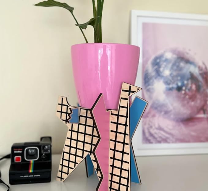 Retro Geometric Indoor Plant Stand Wooden Holder for Small Pots Mid Century Style Decor (Regular)