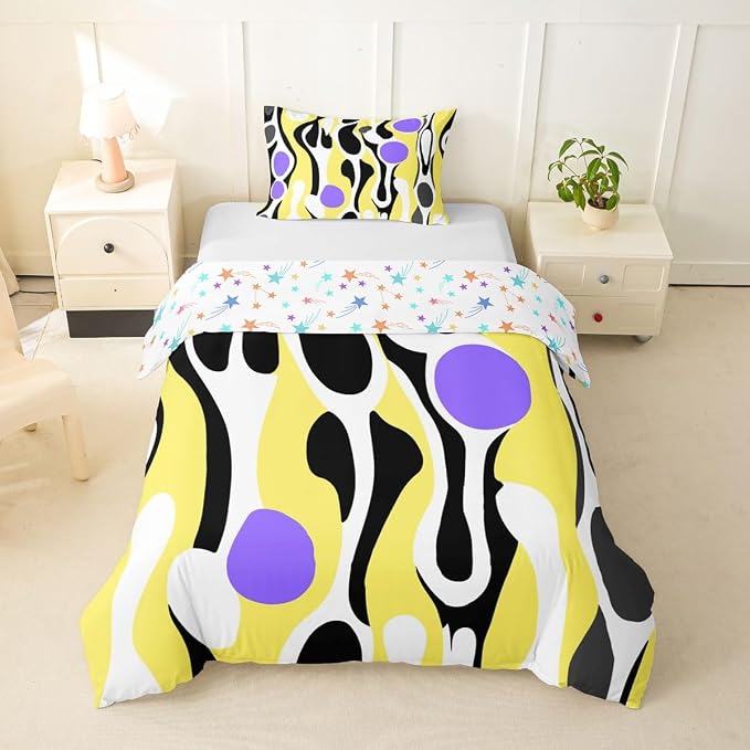 Erosebridal Organic Abstract Duvet Cover Set Modern Contemporary Girl Toddler Bedding Set for Tween Boys Girls Boho Mid Century Wavy Lines Comforter Cover Retro Geometric Bed Sets,Yellow Purple