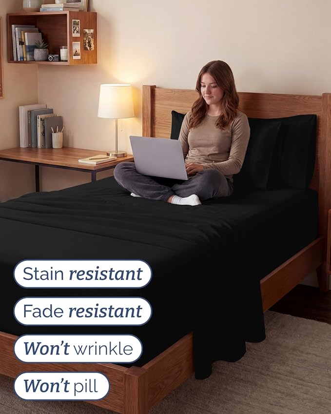 Extra Deep Twin XL Sheet Set - 4 Piece College Dorm Bed Sheets Set with Extra Deep Pockets - Ultra-Soft, Comfy & Breathable Bedding for Women, Men, Kids & Teens - Wrinkle Free & Fade Resistant - Black