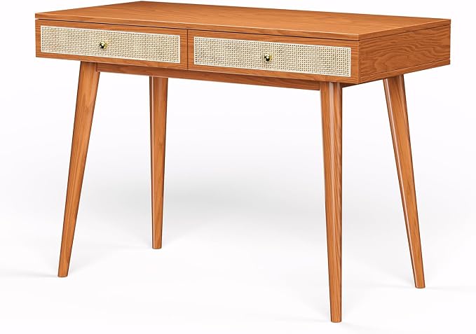 Mid-Century Modern Solid Wood Desk with Drawers – 45 inch Small Boho Rattan Writing Desk for Home Office, Minimalist Design Natural Wood Legs Table for Workspace Elegance