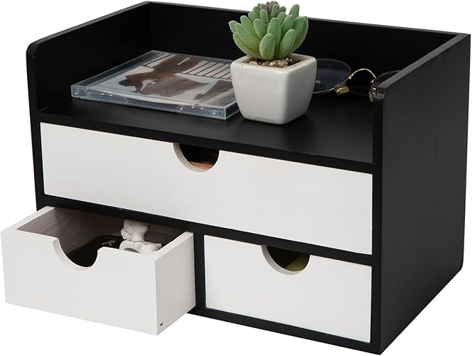 Rustic Distressed white 3-Tier Wood Desk Organizer with 3 Drawers Mini Storage Shelf For Desk, Toiletries Vanity Office Supplies (BlackWhite)