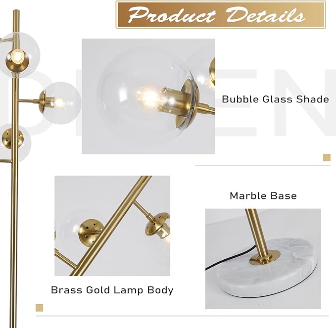 KCO Lighting Clear Bubble Glass Floor Lamp Nordic Globe Floor Lamp Brass Floor Light Vintage Gold Floor Lamps Modern Tall Standing Lamp for Living Room Bedroom Office