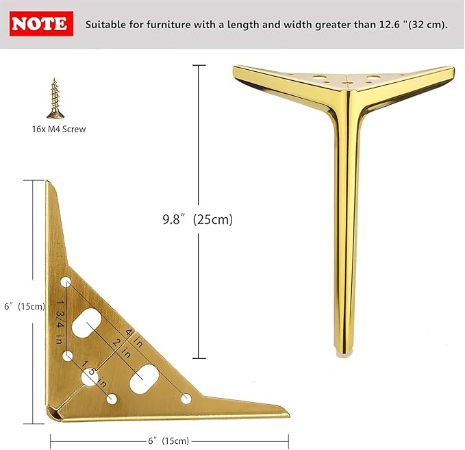9.8 inch/25cm Shiny Gold Metal Furniture Legs Set of 4, DIY Replacement for Cabinet Legs, Sofa Legs, Chair Legs