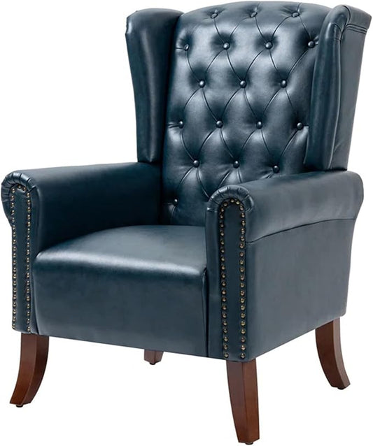 Faux Leather Accent Chair, Mid-Century Armchair Upholstered Club Sofa Chair with Wooden Legs, High Back Living Room Chair for Bedroom, Office, Lounge (Blue)