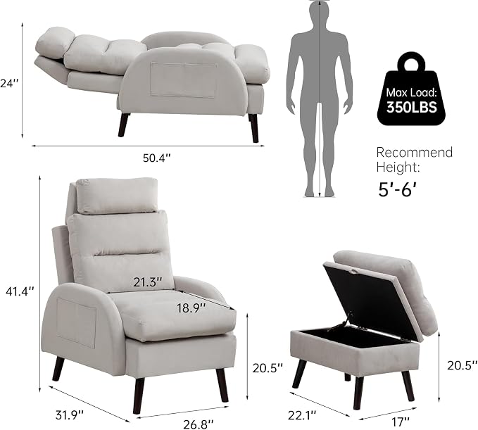 HCHAIRH Accent Chair with Ottoman, Comfy Reading Chair with Ottoman Set, Modern Oversized Velvet Lounge Armchair with Adjustable Backrest for Living Room Bedroom (Grey)