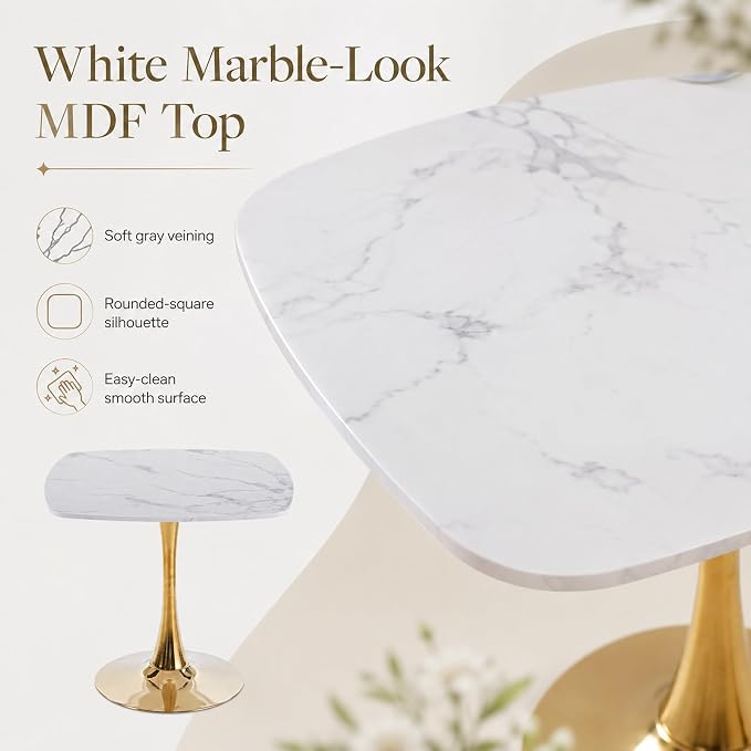 31.5" Square Dining Table for 2-4, White Marble-Look MDF Top with Gold Tulip Pedestal Base, Mid-Century Modern Kitchen Table for Apartment, Breakfast Nook, Café and Bistro