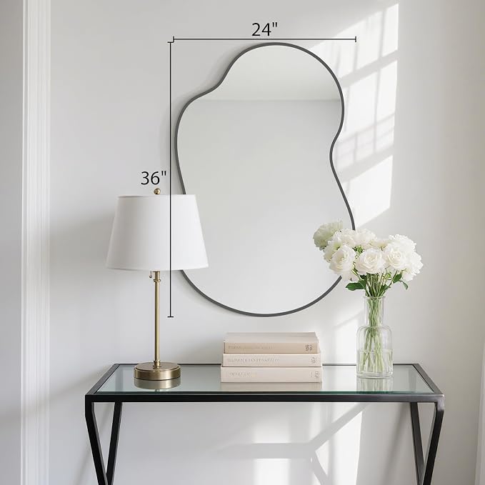 HOMECOOKIN 36" H x 24" W Irregular Wall Mirror, Asymmetrical Decorative Mirror with Black Aluminum Frame, Wavy Abstract Black Mirror, for Living Room, Bedroom, Bathroom, Entryway, Cloakroom