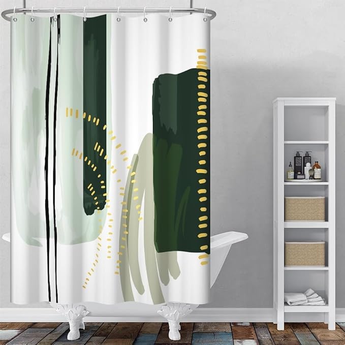 Abstract Geometric Shower Curtain for Bathroom Modern Minimalist Neutral Bathroom Decor Set Green Chic Boho Bathtub Curtain for Hotel Machine Washable Waterproof Polyester Fabric with Hooks 36x72 Inch