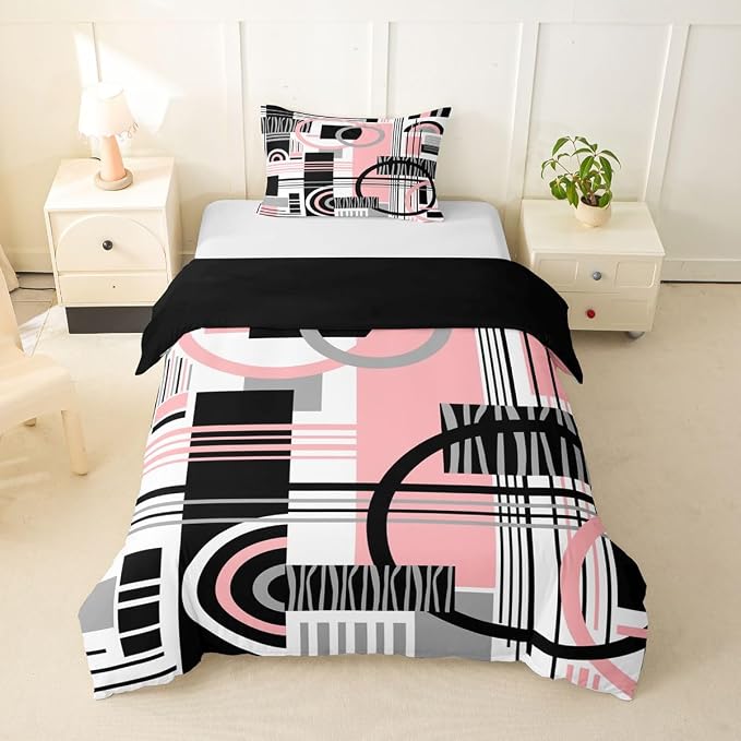 Erosebridal Art Deco Mid Century Duvet Cover Set Retro Modern Abstract Geometric Girl Toddler Bedding Set for Child Boys Black and White Pink Circles Stripes Comforter Cover Contemporary Bed Sets