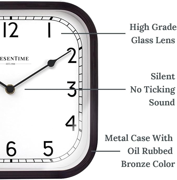 Presentime & Co 10" Anton Vintage Square Clock, Silent No Ticking, Wall & Mantel 2 in 1, Desk and Shelf Clock, Tabletop Décor, Oil Rubbed Bronze Color.