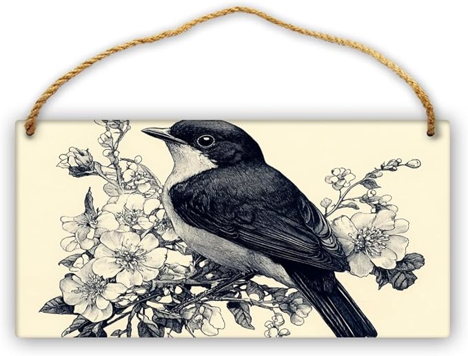 Retro Illustration en Bird & Floral Masterpiece wooden sign, 12x6 Inch Wall Decors for Collectors, Nostalgic Studio Accent, Unique Show & anniversary for Vintage Fans