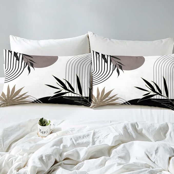Erosebridal Geometric Leaves Duvet Cover Queen for Kids Teens Adults,Mid Century Black Grey Comforter Cover,Abstract Modern Art Bedding Set,Minimalist Simple Bed Set 3 Pcs Bedroom Decor