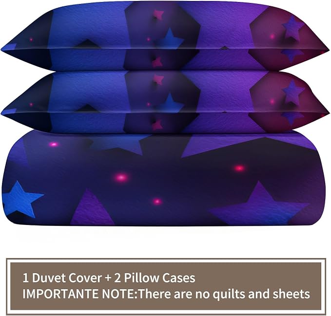 Blue Purple Stars Duvet Cover Oversized King, Colorful Dark Bedding Set 3 Piece, Neon Lights Stars Patterned Comforter Cover with Zipper Soft Microfiber, 2 Pillowcases