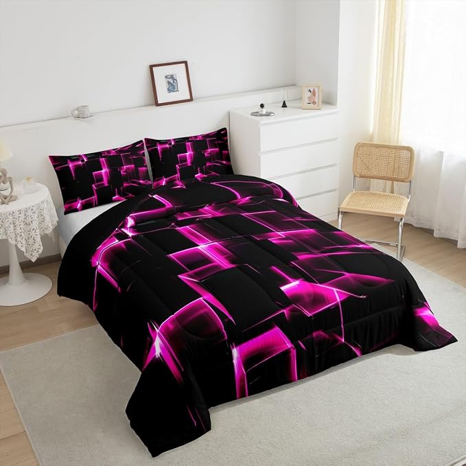 Erosebridal Honeycomb Square Comforter Set for Kids Girls 3D Geometric Square Bedding Twin, Pink Black Neon Lights Bedding Sets, Gradient Print Duvet Insert with 1 Pillow Case