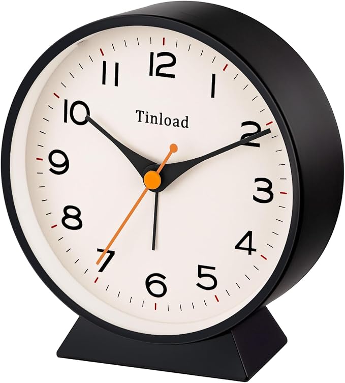 Tinload 4.5" Battery Operated Retro Analog Alarm Clock, Small Silent Bedside Desk Clock,Lighted on Demand, Battery Operated, Snooze, for Living Room, Bedroom, Bedside, Desk(Black)