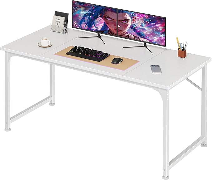PRAISUN 47 Inch Computer Desk, Home Office Desk with Spacious Desktop, Modern Gaming Desk, Writing Study Table for Bedroom, Small Spaces, Work from Home Desk with Metal Frame, White