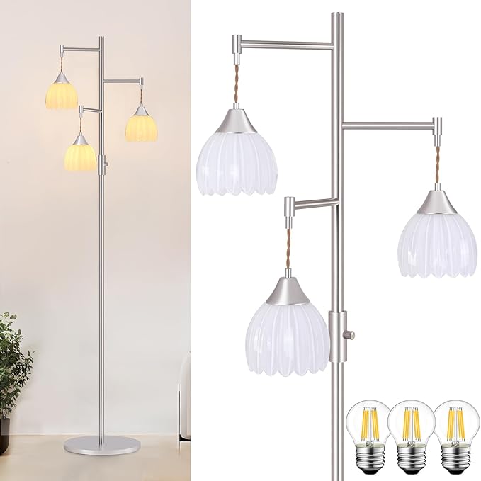 Shenmoyl Stepless Dimming Floor Lamps for Living Room, Bedroom, Nickel Standing Lamp with 3pcs 6W Bulbs, Vintage Floor Lamp for Corner, Nursery (White Tulip)