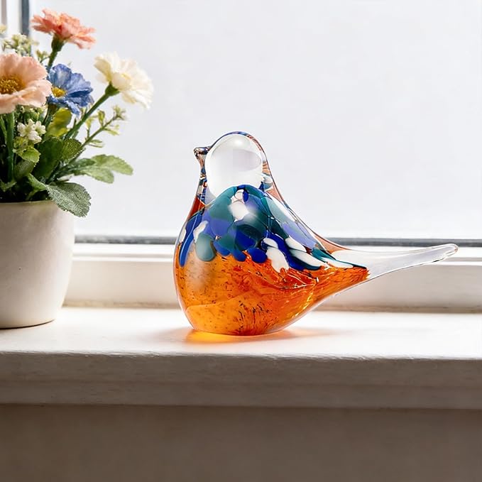Blown Glass Birds - Glass Art Bird Decor, Hand Blown Glass Animal Figurines Paperweight for Home Shelf Decor