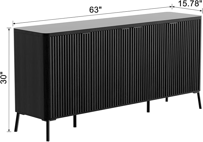 Buffet Cabinet, 63" Large Sideboard Buffet Cabinet with Storage, Modern Fluted Sideboard with 4 Doors, Wood Credenza Coffee Bar Storage Cabinet, for Living Room, Kitchen, Hallway, Black