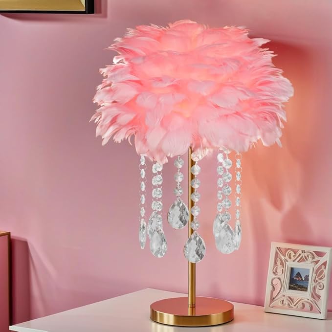 Fandian Bedside Table Feather Lamp Night Light with 3 Color Changing LED Lamp, Plug in Table Lamp for Romantic Girl Mother Bedroom Nursery Desk Decor (Pink)