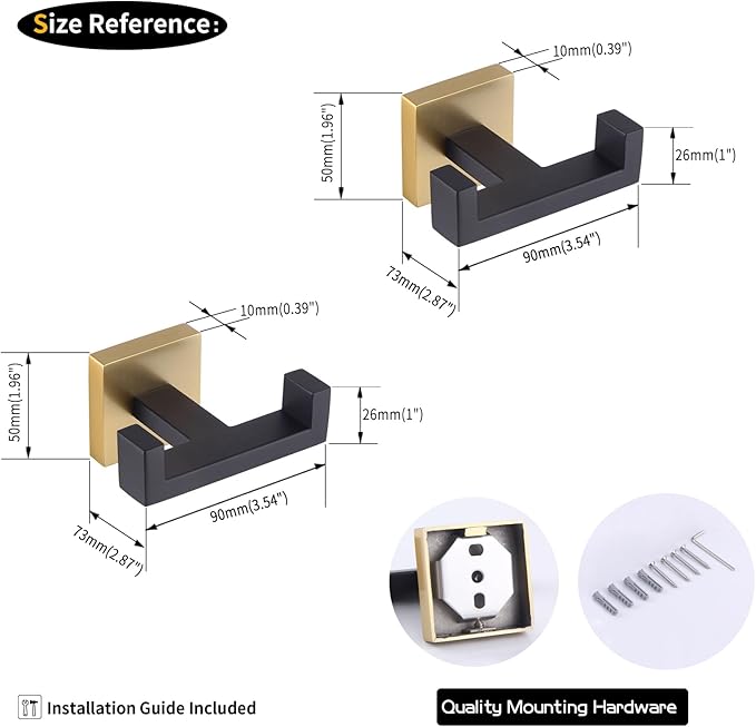 GERZWY Bathroom Hooks, Double Towel Robe/Coat Clothes Hook Stainless Steel Hanger Wall Hooks Heavy Duty for Bath Wall Mounted 2 Pack (Black & Gold) AG1417B-BD
