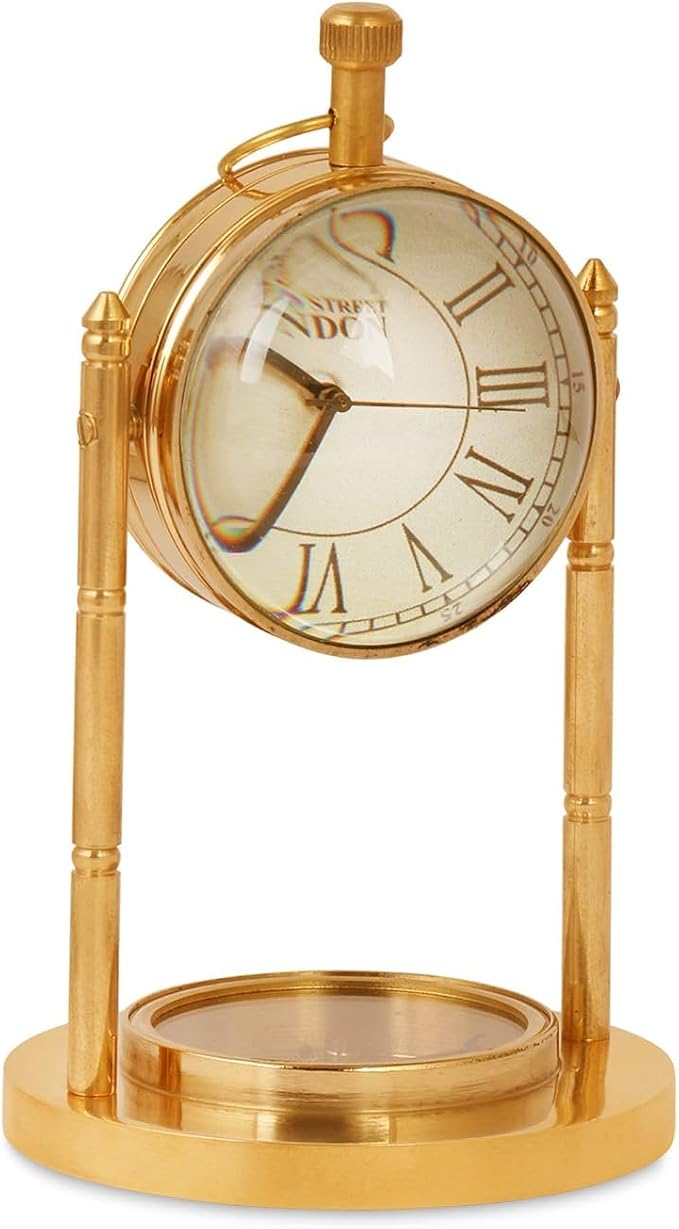 Solid Brass Desk Clock Vintage Tabletop Timepiece Antique Maritime Style Office Clock Polished Brass Finish Elegant Nautical Decor for Home, Study, or Workspace Premium (12x5.5 Inch)