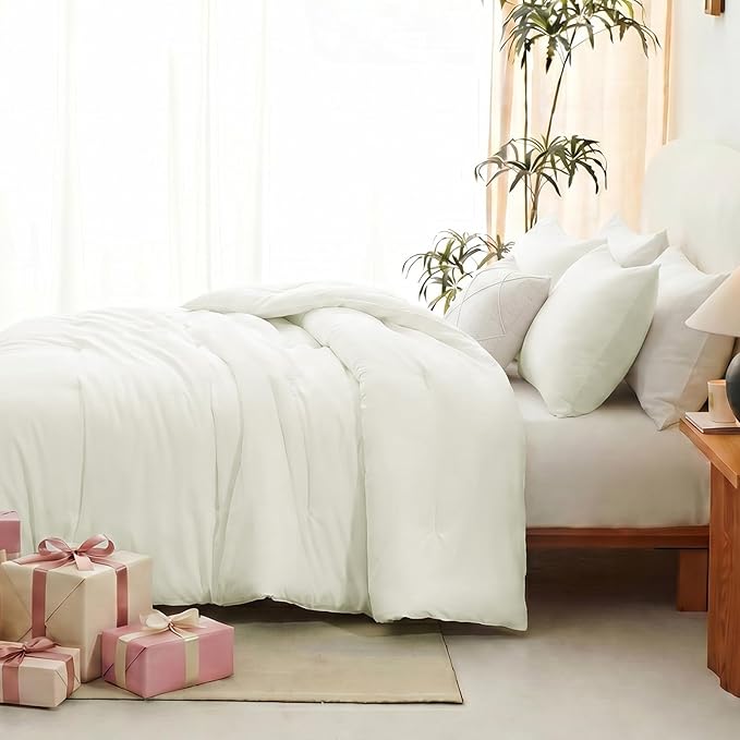 CozyLux Full Size Comforter Set Ivory, 3 Pieces Lightweight Down Alternative Quilted Bedding Sets, All Season Soft Breathable Solid Comforter with 2 Pillowcases, Luxury Bed Set Gift for Home