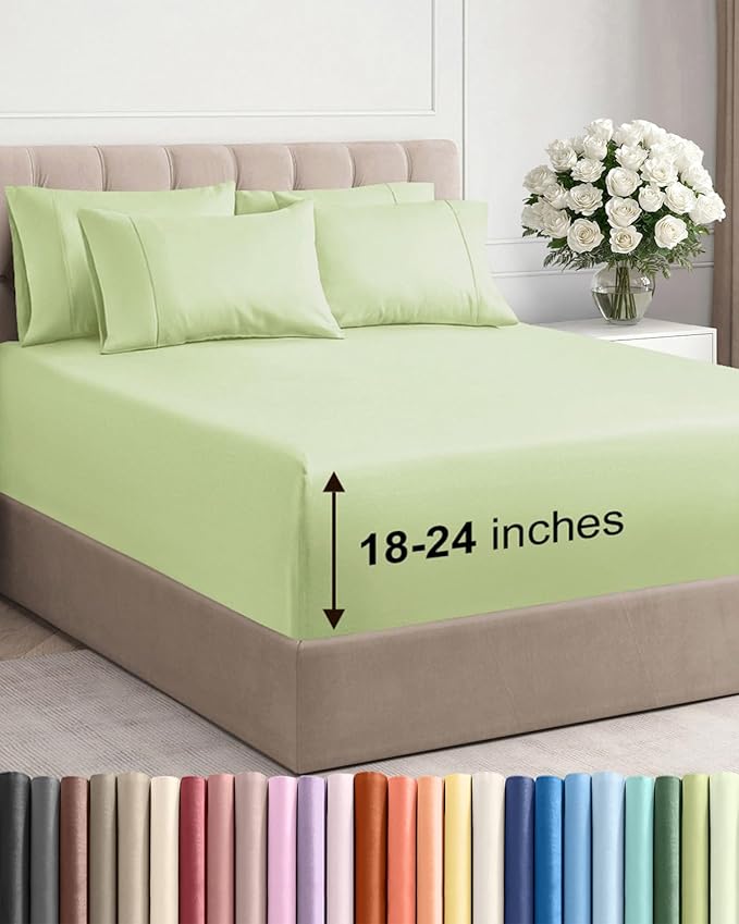 Extra Deep King Sheet Set - 6 Piece Breathable and Cooling Sheets - Hotel Luxury Bedding for Women, Men, Kids & Teens - Easy & Secure Fit - Soft, Wrinkle Free & Comfy - Extra Deep Pockets - Light Sage
