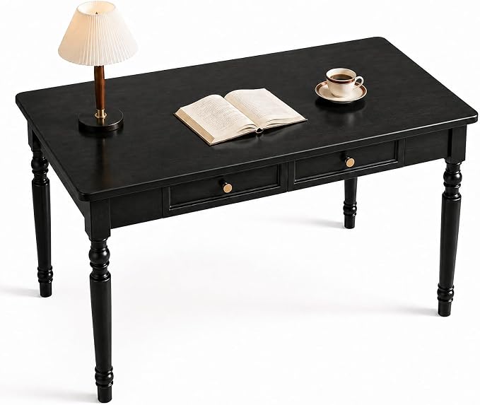 Walnut Writing Desks with Drawers, 47" Solid Wood French Country Style Computer Desk for Home Office, Living Room Study Workspace or Bedroom, Traditional Vanity Dressing Table