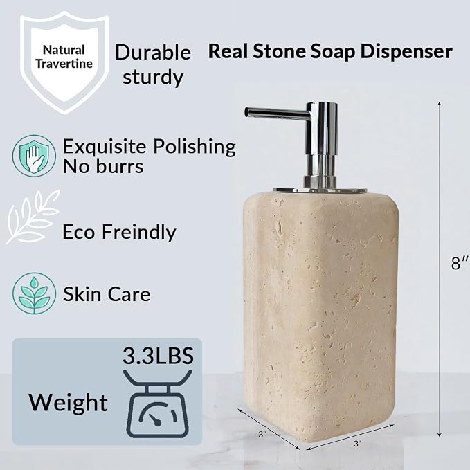 Ivory Travertine Soap Pump, Refillable Bathroom Liquid Dispenser with Aluminum Pump, Natural Organic Stone Hand Lotion Dispenser, Pump Bottle Dispenser for Bathroom and Kitchen Countertop