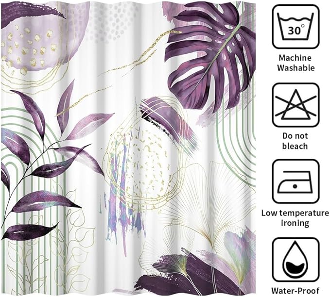 Mid Century Boho Shower Curtain Elegant Gold Purple Palm Leaf Abstract Minimalist Aesthetic Bathroom Decor Watercolor Plant Bathtub Curtains Washable Waterproof Polyester Fabric with Hooks 70x72 Inch