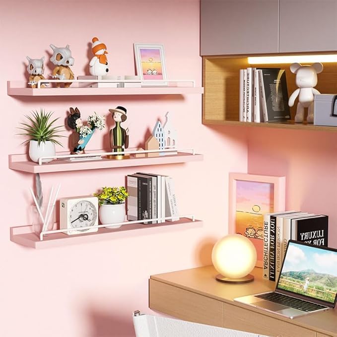 22 inches Long Floating Shelves, Bathroom Decor Shelves Over Toilet, Farmhouse Wall Shelves for Living Room, Bedroom, Picture Frames, Plants, Kitchen, Set of 3 (Pink and White)
