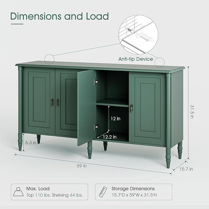 JOINICE 59" Sideboard Buffet Cabinet with Storage,Vintage Credenza with Adjustable Shelves & Solid Wood Legs,Accent Cabinet for Living Room,Dining Room,Kitchen,Bar,Entryway,Hallway,TV Console,Green