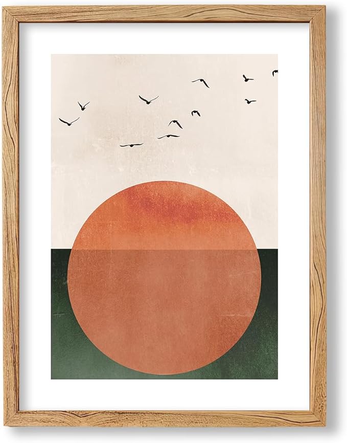 Framed Japanese Minimalist Sunset With Bird Wall Art Nature Geometric Abstract Poster Modern Mid Century Eclectic Canvas Prints for Living Room Gallery Home Decor 12x16 inch