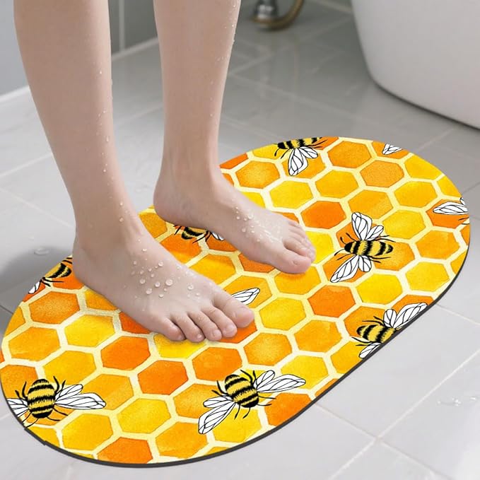 Diatomaceous Mud Bath Mat Yellow Honeycomb and Bees Oval Soft Wrinkle Free Bathroom Floor Rugs Non-Slip Super Absorbent Fast Drying Bath Rug for Bathroom Kitchen Door Mat 23.6x15.7 Inches