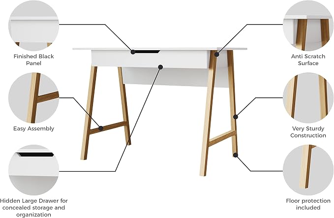 Modern Design Parma Small Desk for Bedroom, White Writing Desk 42 Inch with Drawer, by Crafts and Comfort