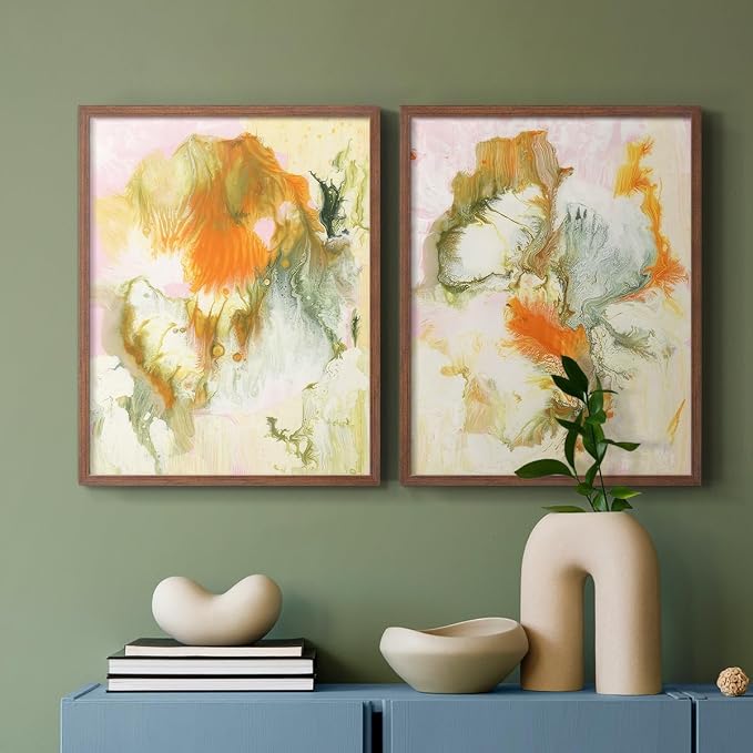 Renditions Gallery Set of 2 Peel & Stick Framed Prints, Modern Abstract Wall Art, Mix Color Oil Paint Design Wall Decor, Re-Stickable - Ready to Hang - 8"x10" - Walnut Frame LT588