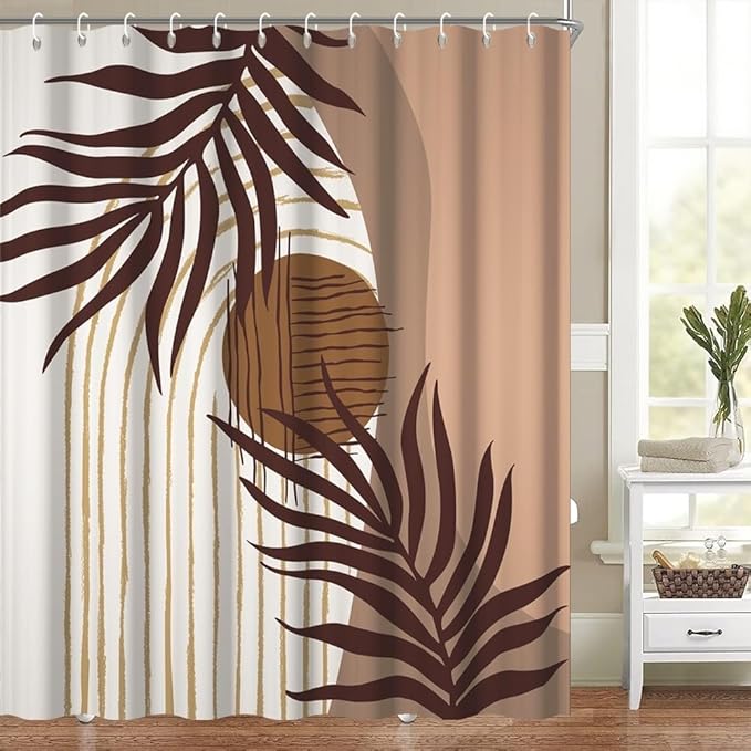Modern Bohemia Shower Curtain for Bathroom Brown Abstract Minimalist Bathroom Set Decor Stripes Arch Sun Palm Leaves Chic Aesthetic Washable Waterproof Polyester Fabric with Hooks 72x78 Inch