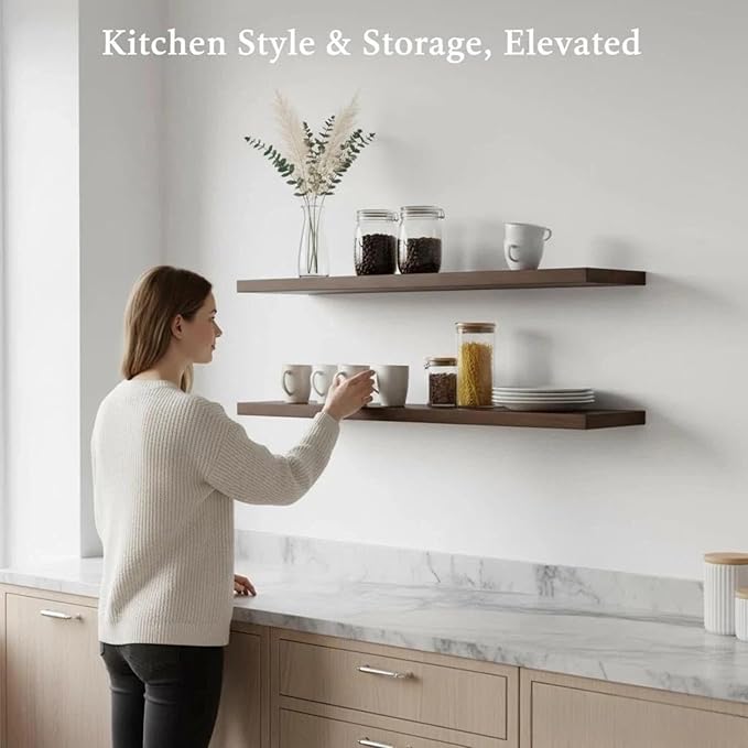 IEO Long Wooden Floating Shelves for Room Wall, Natural Wood Floating Shelves Wall Mounted Kitchen Shelf for Living Room, Bedroom, Kitchen,Bathroom, Storage (Walnut, 48in 2tier)