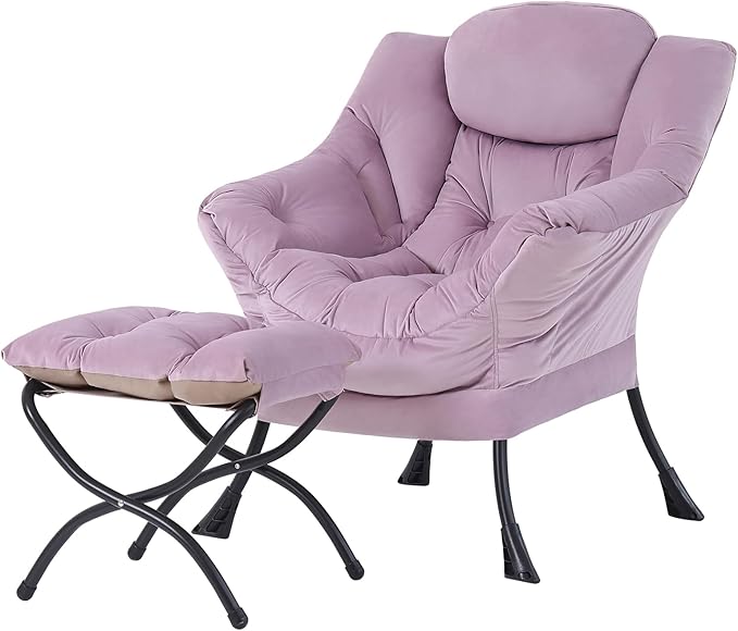 Tiita Lazy Chair with Ottoman, Purple Modern Large Accent Armchair, Comfy Leisure Sofa Reading Chair with Footrest for Bedroom, Living Room, Dorm Rooms, Garden, Velvet Light Purple