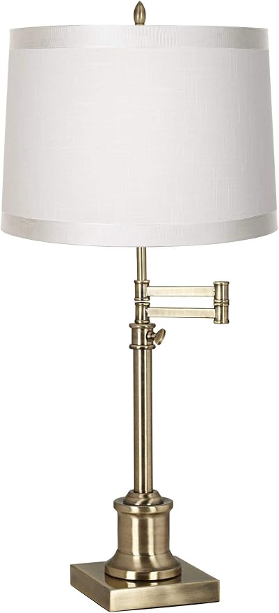 360 Lighting Westbury Traditional Swing Arm Desk Table Lamp Adjustable Height 36" Tall Antique Brass Off White Fabric Drum Shade for Living Room Bedroom House Bedside Nightstand Home Office