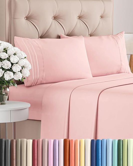 Cal King Size 4 Piece Sheet Set - Comfy Breathable & Cooling Sheets - Hotel Luxury Bed Sheets for Women & Men - Deep Pockets, Easy-Fit, Soft & Wrinkle Free Sheets - Baby Pink Oeko-Tex Bed Sheet Set