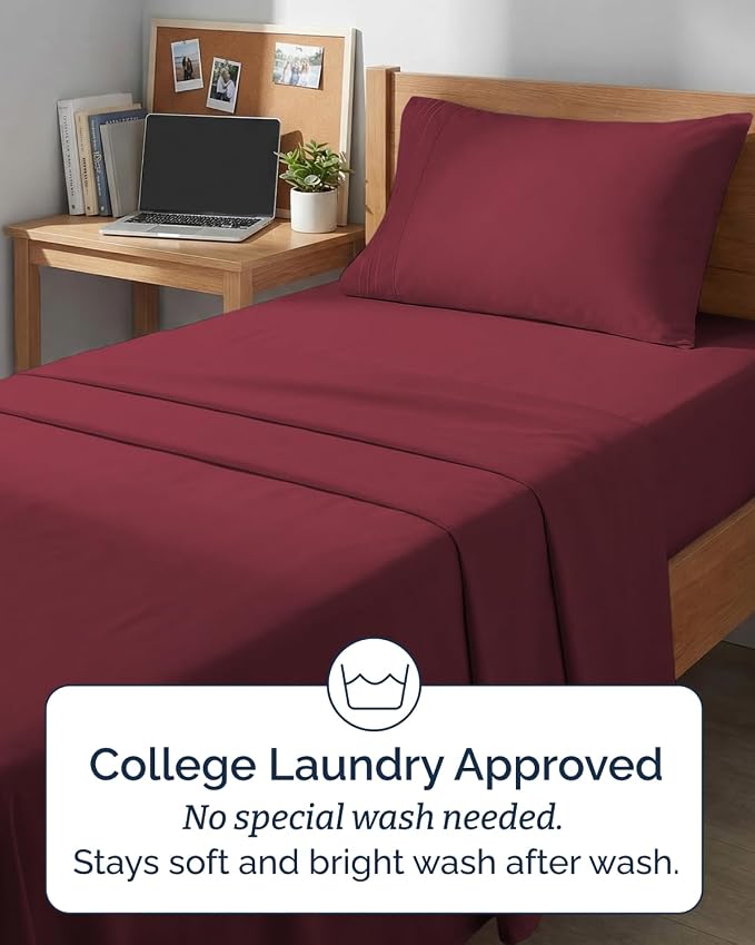 Twin XL Size 3 Piece Sheet Set - Comfy Breathable & Cooling Sheets - Hotel Luxury Bed Sheets for Women & Men - Deep Pockets, Easy-Fit, Soft and Wrinkle Free Sheets - Burgundy Oeko-Tex Bed Sheet Set