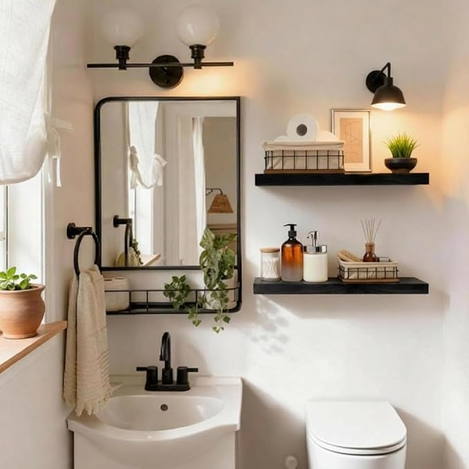 IAE Floating Wall Shelves 16 inch,Bathroom Shelving Wall Mounted,Invisible Shelf Floating Kitchen Shelves,Wooden Wall Shelf with Brackets for Living Room Wall Mounted,Easy Install,Set of 2,Black